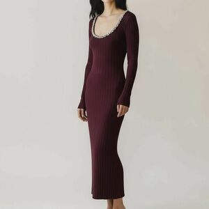 Wayf Cinthia Jewel Neck Long Sleeve stretch Rib Midi Dress size xs Dark red